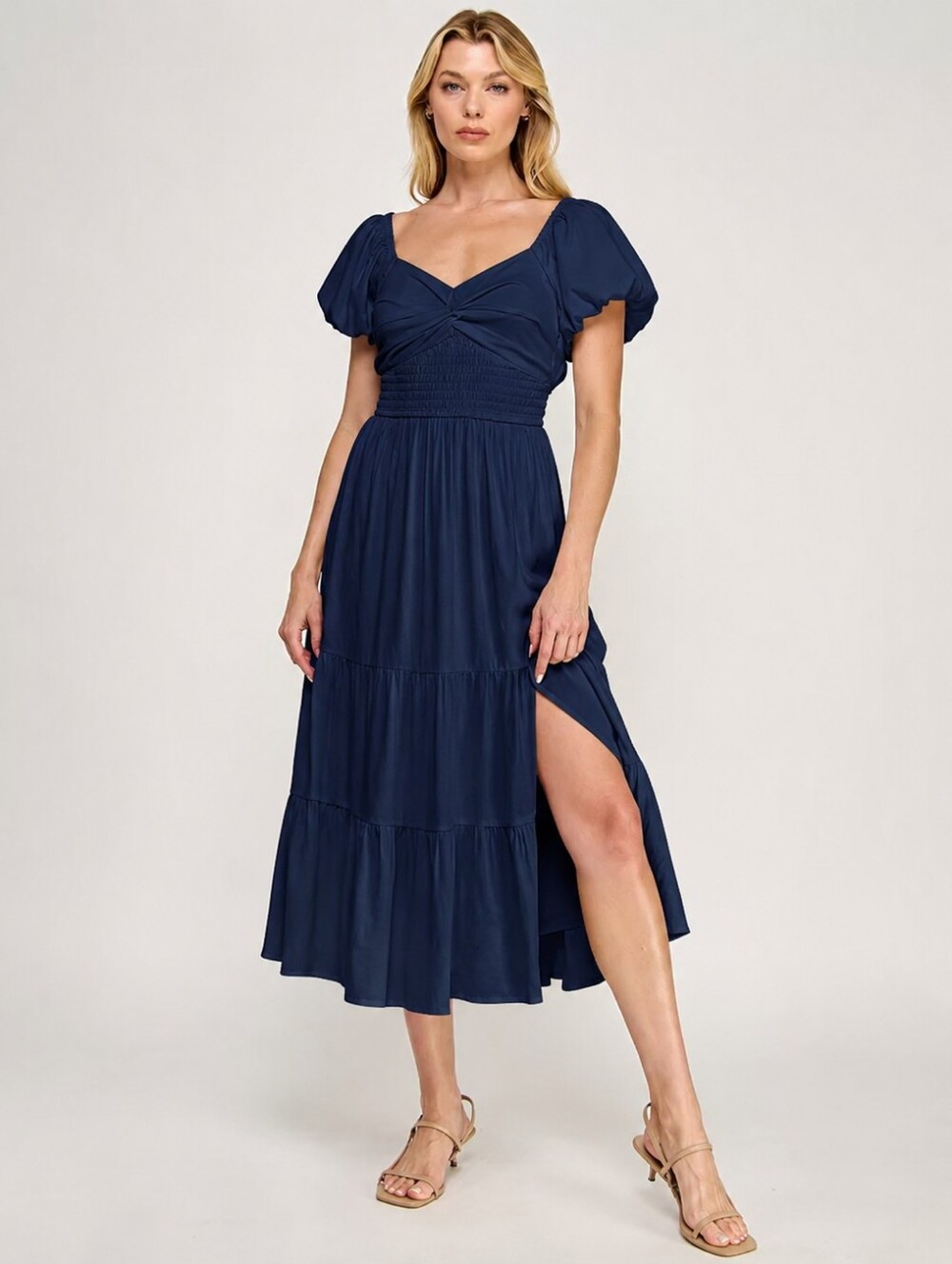 Trixxi Sweetheart Neck Puff-Sleeve Ruched Waist Midi Dress Navy Blue Size XS|